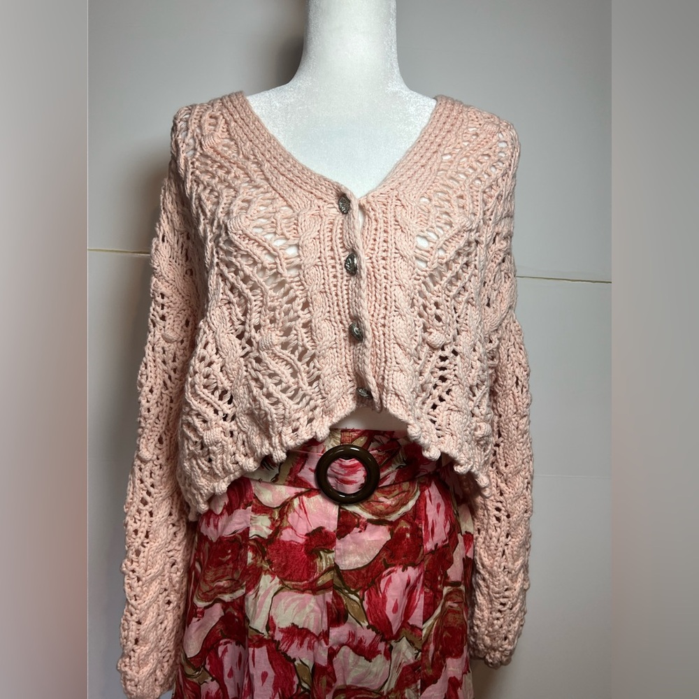 POL Pink Chunky Knit Cropped Cardigan Boho Cottagecore Button Up L